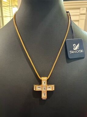 Vintage Retired Deadstock Swarovski Crystal Cross Gold Tone Necklace